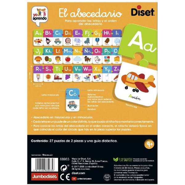 Diset - Jeu éducatif l'Alphabet, Puzzles lettres A à Z, 27 puzzles de 2 pièces, Langue espagnol, À partir de 4 ans