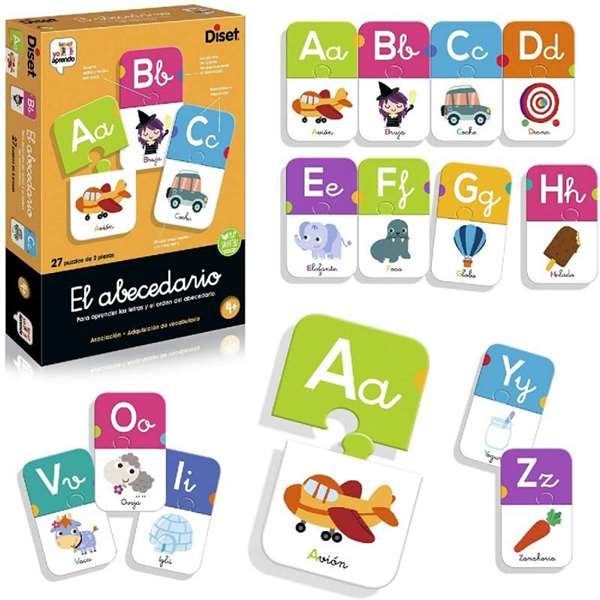 Diset - Jeu éducatif l'Alphabet, Puzzles lettres A à Z, 27 puzzles de 2 pièces, Langue espagnol, À partir de 4 ans