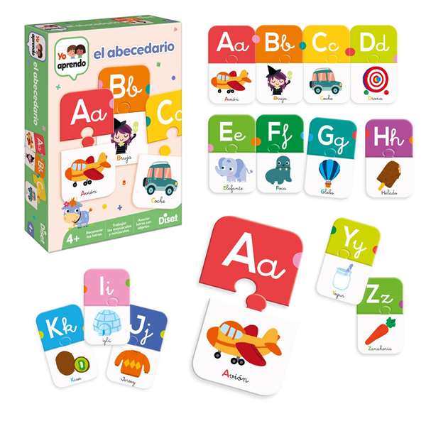 Diset - Jeu éducatif l'Alphabet, Puzzles lettres A à Z, 27 puzzles de 2 pièces, Langue espagnol, À partir de 4 ans