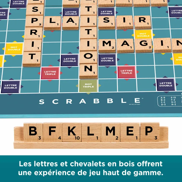 Mattel Games Scrabble Classique 2 en 1 JGR63 - Jeu de Plateau en Bois Écoresponsable avec Plateau Recto-Verso et Cartes pour Jouer en Coopération