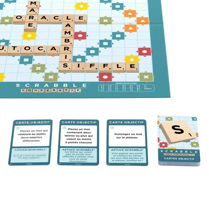 Mattel Games Scrabble Classique 2 en 1 JGR63 - Jeu de Plateau en Bois Écoresponsable avec Plateau Recto-Verso et Cartes pour Jouer en Coopération
