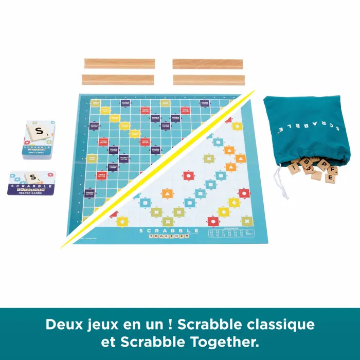 Mattel Games Scrabble Classique 2 en 1 JGR63 - Jeu de Plateau en Bois Écoresponsable avec Plateau Recto-Verso et Cartes pour Jouer en Coopération