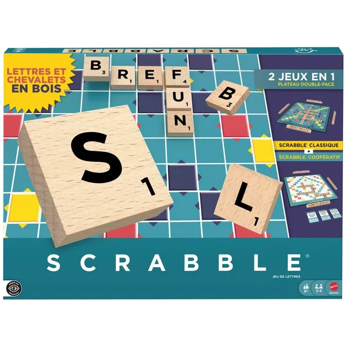 Mattel Games Scrabble Classique 2 en 1 JGR63 - Jeu de Plateau en Bois Écoresponsable avec Plateau Recto-Verso et Cartes pour Jouer en Coopération