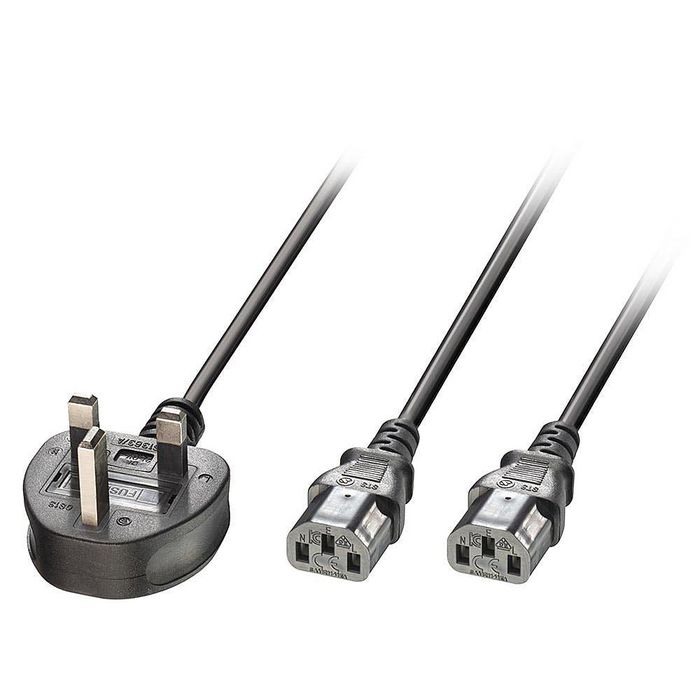Lindy Câble d'alimentation secteur Prise UK 3 broches vers 2 x IEC C13, 2.5 mètres, Noir, H05VV-F Lindy Câble d'alimentation secteur Prise UK 3 broches vers 2 x IEC C13, 2.5 mètres, Noir, H05VV-F