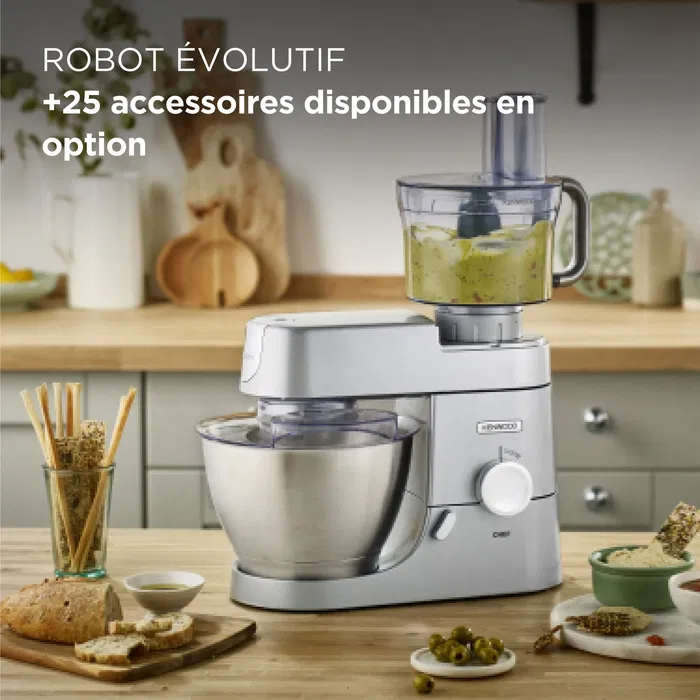 Kenwood Robot Pâtissier KVC3100S Argent - Bol Inox 4.6 L, 1000 W, Variateur de Vitesse Électronique, Mouvement Planétaire - Pétrin, Fouet et Batteur Inclus
