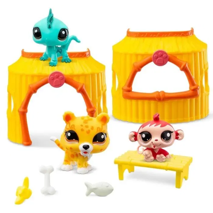 Bandai Littlest Pet Shop BF00515 - Pack Tiki Jungle de 7e Génération avec 3 Animaux à Tête Bobblin' et Accessoires - Jeu de Collection Enfant 4 Ans et Plus