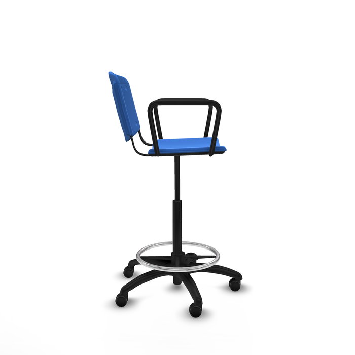 Tabouret Taburete Robledo Pivotant Chlorure de polyvinyle Bleu Structure polyamide noire Accoudoirs fixes Sans appui-tête Roulettes pour moquette