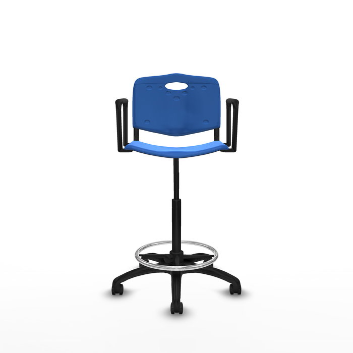 Tabouret Taburete Robledo Pivotant Chlorure de polyvinyle Bleu Structure polyamide noire Accoudoirs fixes Sans appui-tête Roulettes pour moquette