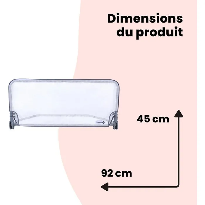 Safety 1st Barrière de lit extensible 90 cm pour enfant 18 mois-5 ans, inclinable, tissu maille lavable, système auto-verrouillage, couleur gris/blanc