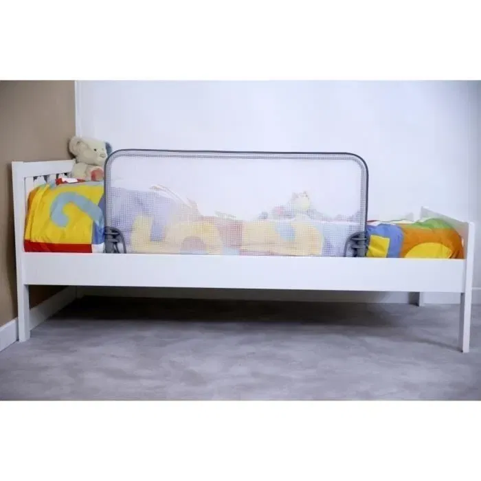 Safety 1st Barrière de lit extensible 90 cm pour enfant 18 mois-5 ans, inclinable, tissu maille lavable, système auto-verrouillage, couleur gris/blanc