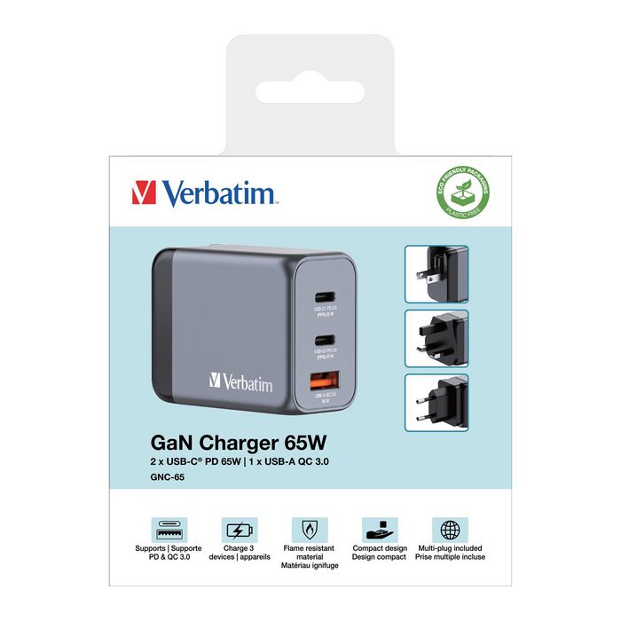 Verbatim GNC-65 Chargeur Secteur GaN 65W 3 Ports, 2 USB-C PD 65W et 1 USB-A QC 3.0, avec Fiches EU/UK/US Remplaçables et Prise US Pliable