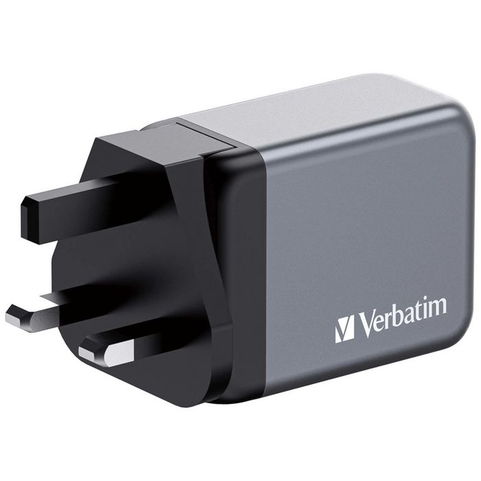 Verbatim GNC-65 Chargeur Secteur GaN 65W 3 Ports, 2 USB-C PD 65W et 1 USB-A QC 3.0, avec Fiches EU/UK/US Remplaçables et Prise US Pliable