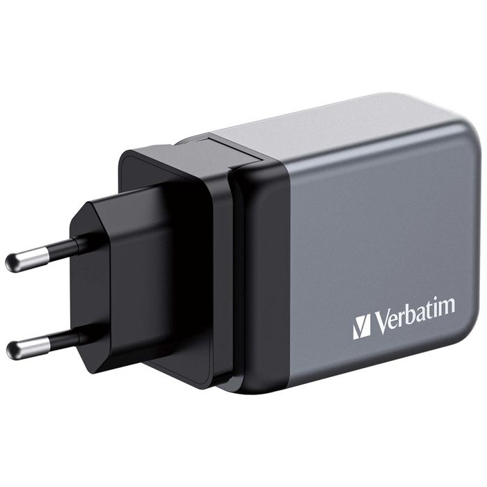 Verbatim GNC-65 Chargeur Secteur GaN 65W 3 Ports, 2 USB-C PD 65W et 1 USB-A QC 3.0, avec Fiches EU/UK/US Remplaçables et Prise US Pliable