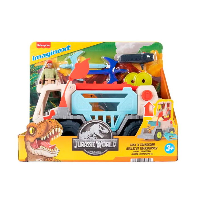 Imaginext - Véhicule de Secours Jurassic World Trek 'n Transform avec Transformation, Scanner à Rayons X, Lance-Projetiles et Figurines - Référence Jkf46