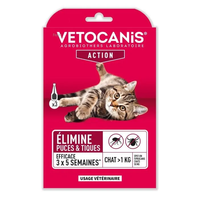 Vetocanis Pipette Spot On Anti-puces et Anti-tiques pour Chat - Traitement Fipronil 50 mg - Protection 5 semaines - Médicament Vétérinaire