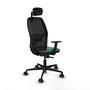 Chaise Alfera Synchro 4 positions tissu Vert émeraude Maille Noir Base en nylon noir Accoudoir 1D Appui-tête 2D Roulettes 65mm nylon
