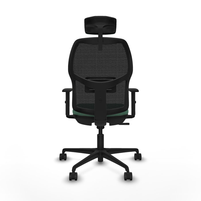 Chaise Alfera Synchro 4 positions tissu Vert émeraude Maille Noir Base en nylon noir Accoudoir 1D Appui-tête 2D Roulettes 65mm nylon