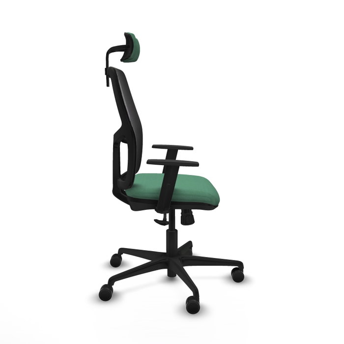 Chaise Alfera Synchro 4 positions tissu Vert émeraude Maille Noir Base en nylon noir Accoudoir 1D Appui-tête 2D Roulettes 65mm nylon