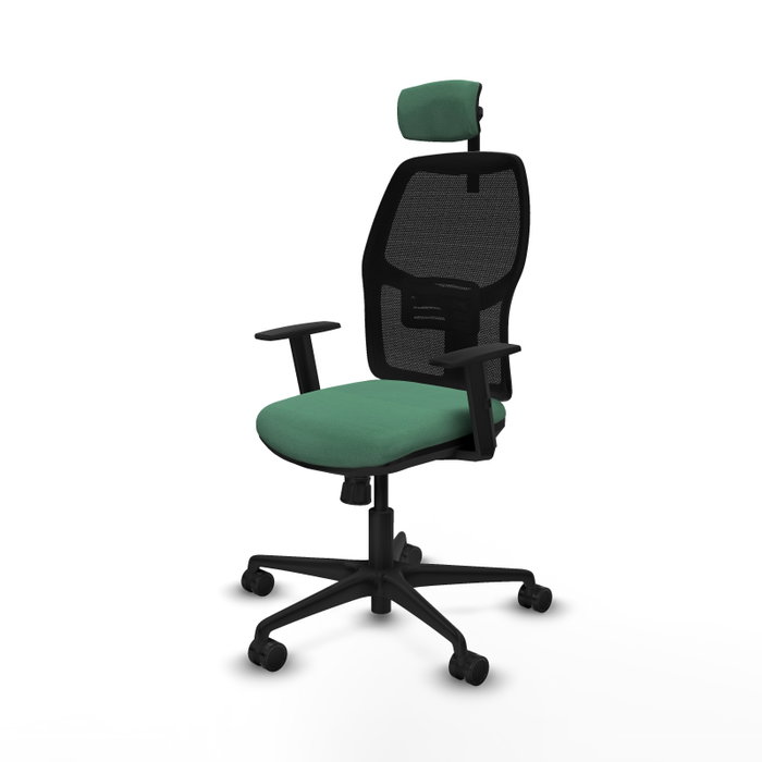 Chaise Alfera Synchro 4 positions tissu Vert émeraude Maille Noir Base en nylon noir Accoudoir 1D Appui-tête 2D Roulettes 65mm nylon