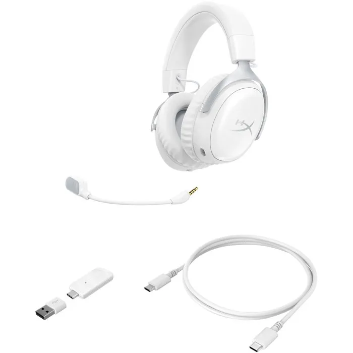 HyperX Cloud III S Wireless Casque Gamer Sans Fil Bluetooth 2.4 GHz - pour PC, PS5, Xbox - Autonomie 200h - Blanc