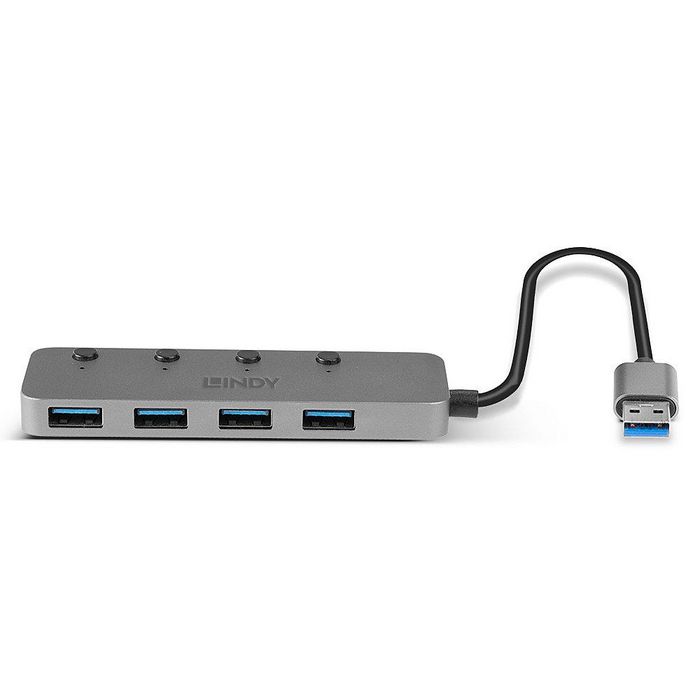 Lindy Hub USB 3.0, 4 Ports - Hub USB 3.0 à 4 Ports avec Commutateur Marche/Arrêt par Port - Rétrocompatible USB 2.0 - Transfert jusqu'à 5 Gbit/s