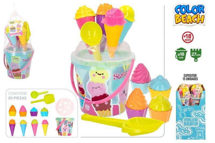 Color Baby Sweet Time - Cubo de playa et seau de plage 18 cm avec accessoires 20 pièces - Jeu de plage pour enfants
