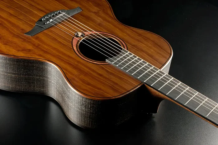 LAG Guitare Acoustique Auditorium Sauvage Brankowood Solide Table Eucalyptus Finition Satinée Naturelle Noire 650mm 20 Frettes Étui Inclus