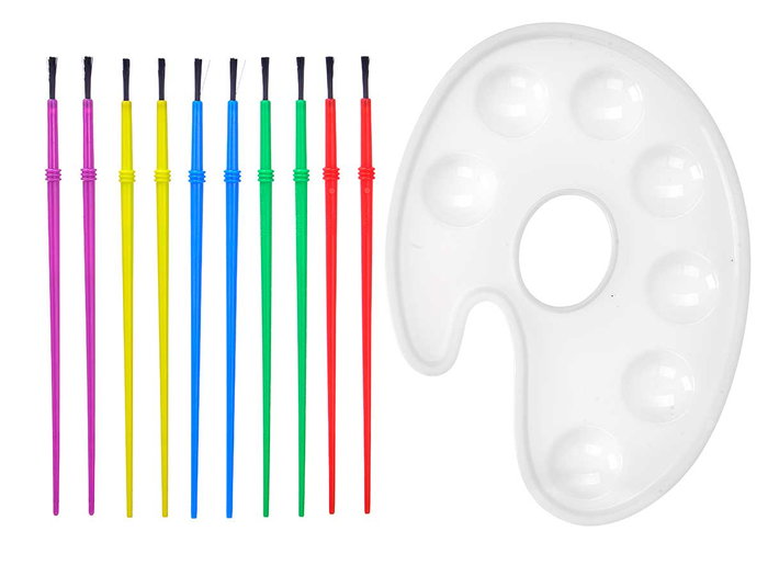 Pincello Set de 10 pinceaux et palette de peinture blanc, jaune, vert, rouge, bleu, lilas 24x20x1 cm (Set de 48)