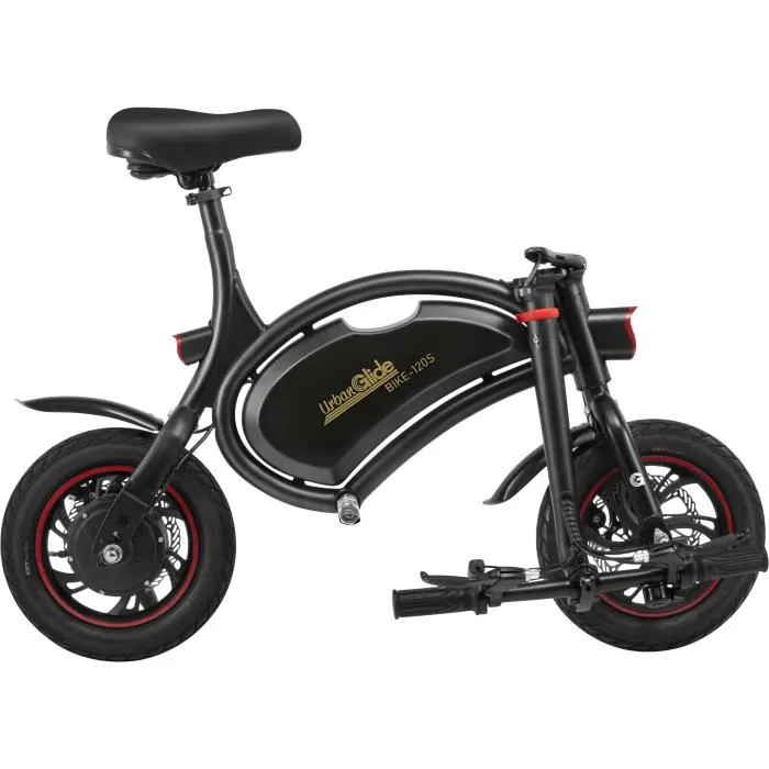 Urbanglide BIKE 120S - Draisienne électrique adulte pliable 350W, 12", 25 km/h, freins à disque, éclairage intégré - Noir