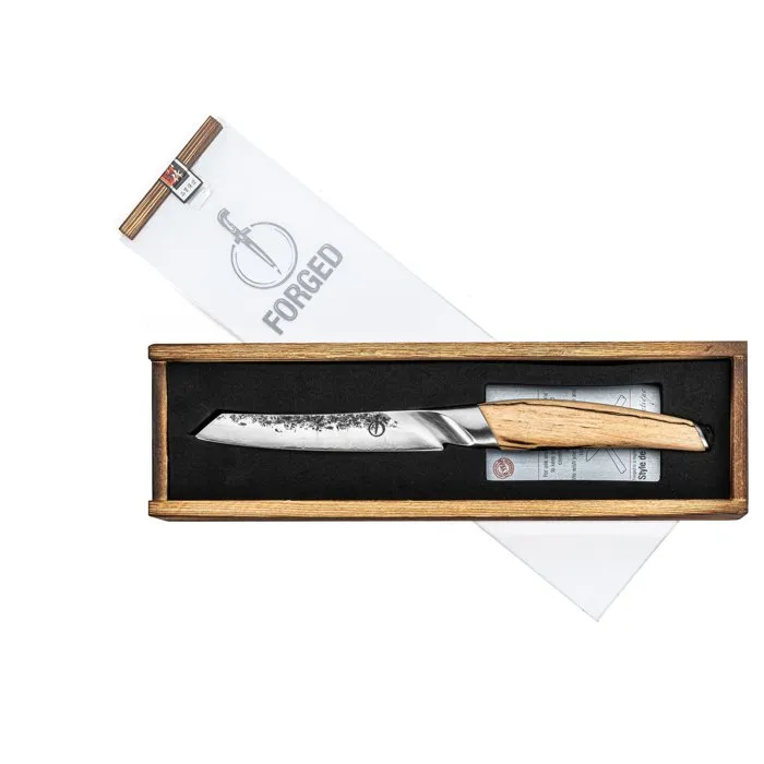 Forged Couteau Universel Katai, Acier Japonais VG10, Lame 12.5 cm Forgée Main, Manche en Bois de Racine Unique, Garantie 10 Ans