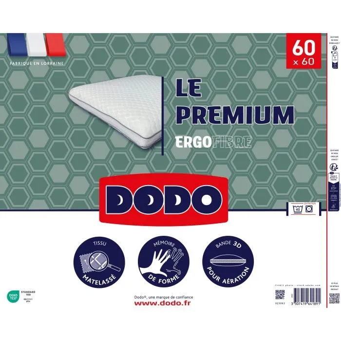 Dodo Oreiller Premium DODO Mémoire de forme 60x60 cm - Taie déhoussable et lavable - Confort moelleux