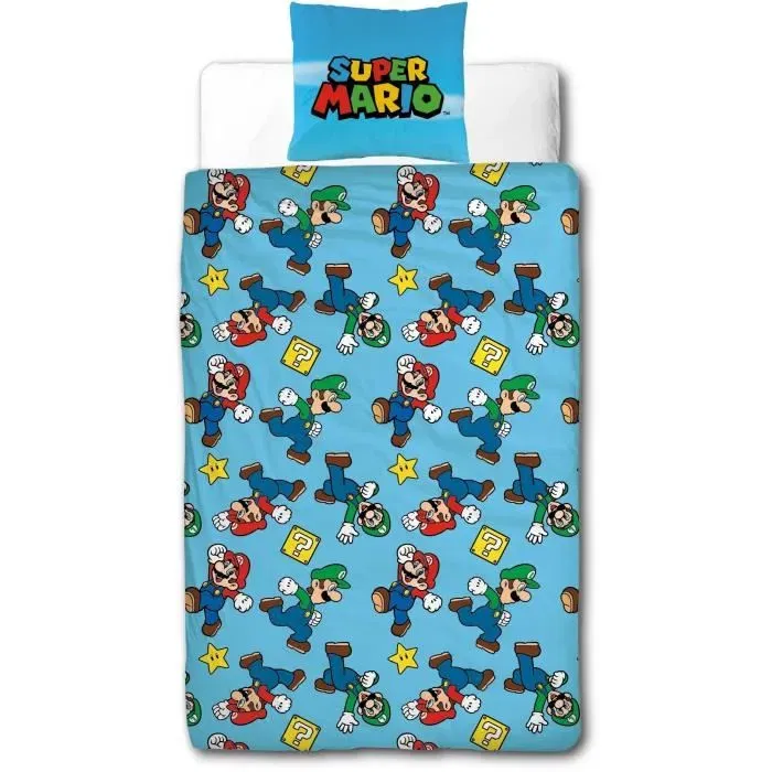 Mario Bros Parure de lit Super Mario Bros Mario et Luigi - Microfibre - Housse de couette 140 x 200 cm + Taie d'oreiller 63 x 63 cm