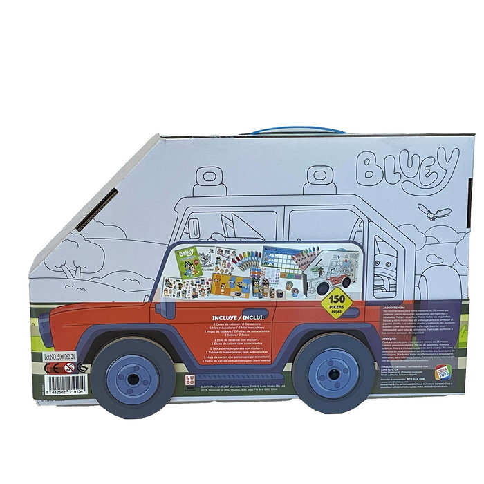 CEFA - Bluey - Activity Car Familia Heeler 21913 - Kit d'activités créatives avec crayons, feutres, pochoirs, stickers et poster pour enfant à partir de 3 ans