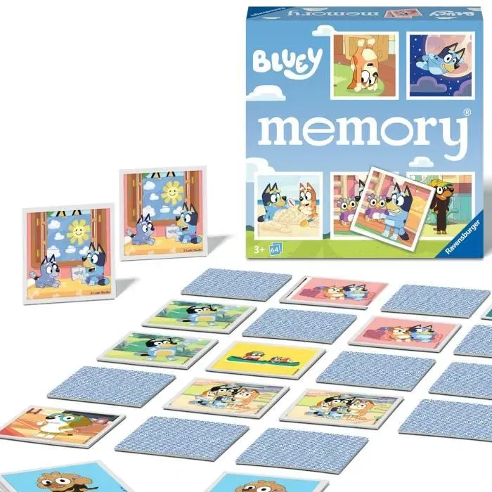 Ravensburger 4005556226467 Grand Memory Bluey - Jeu de Mémoire Éducatif avec Personnages - À Partir de 3 Ans - 64 Cartes Colorées