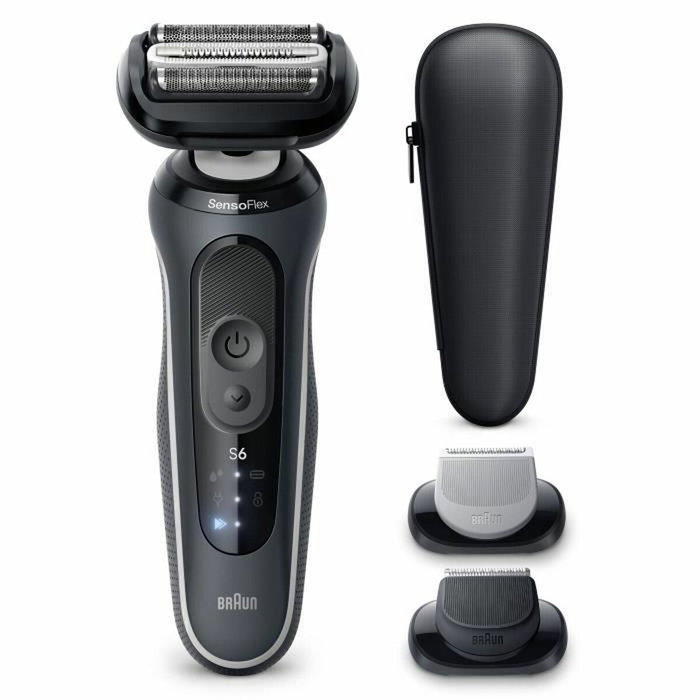 Braun Series 6 Rasoir électrique - Noir - 60 min d'autonomie, Charge rapide 5 min de la batterie, Wet & Dry, 1 tête flexible 2D, Sabot 1-7 mm, Batterie Li-Ion, Noir<|image>