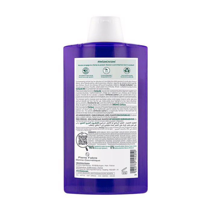 Klorane Shampoing Anti-Jaunissement à la Centaurée BIO pour Cheveux Gris et Blonds 400 ml