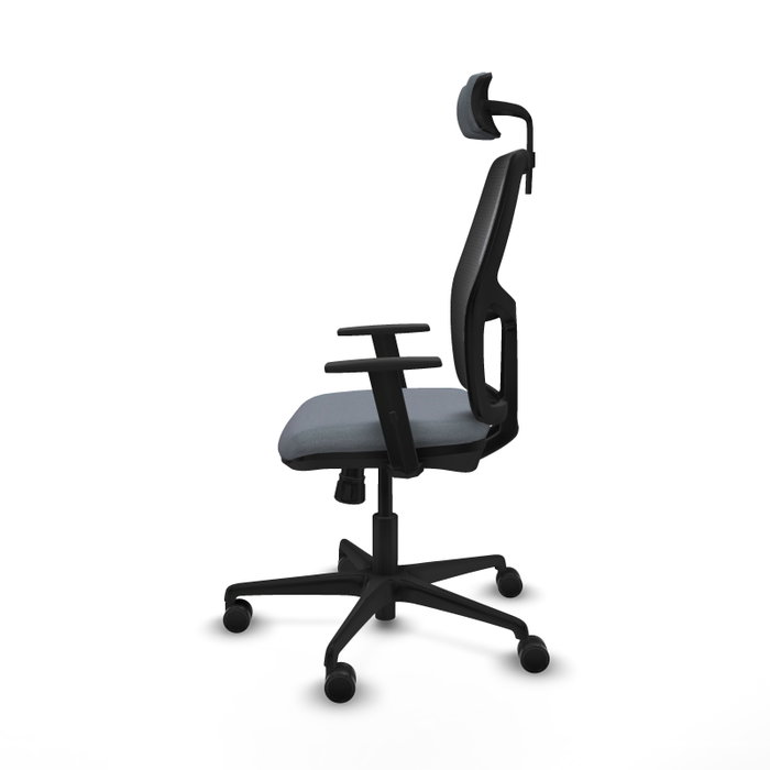 Chaise Alfera Synchro 4 positions tissu Gris Maille Noir Base en nylon noir Accoudoir 1D Appui-tête 2D Roulettes 65mm nylon