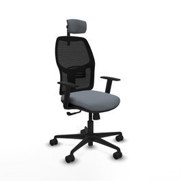 Chaise Alfera Synchro 4 positions tissu Gris Maille Noir Base en nylon noir Accoudoir 1D Appui-tête 2D Roulettes 65mm nylon