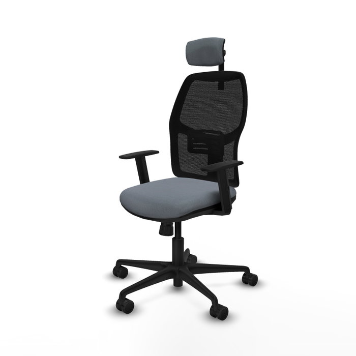 Chaise Alfera Synchro 4 positions tissu Gris Maille Noir Base en nylon noir Accoudoir 1D Appui-tête 2D Roulettes 65mm nylon