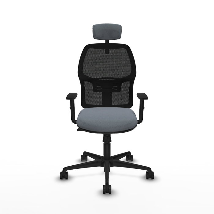 Chaise Alfera Synchro 4 positions tissu Gris Maille Noir Base en nylon noir Accoudoir 1D Appui-tête 2D Roulettes 65mm nylon