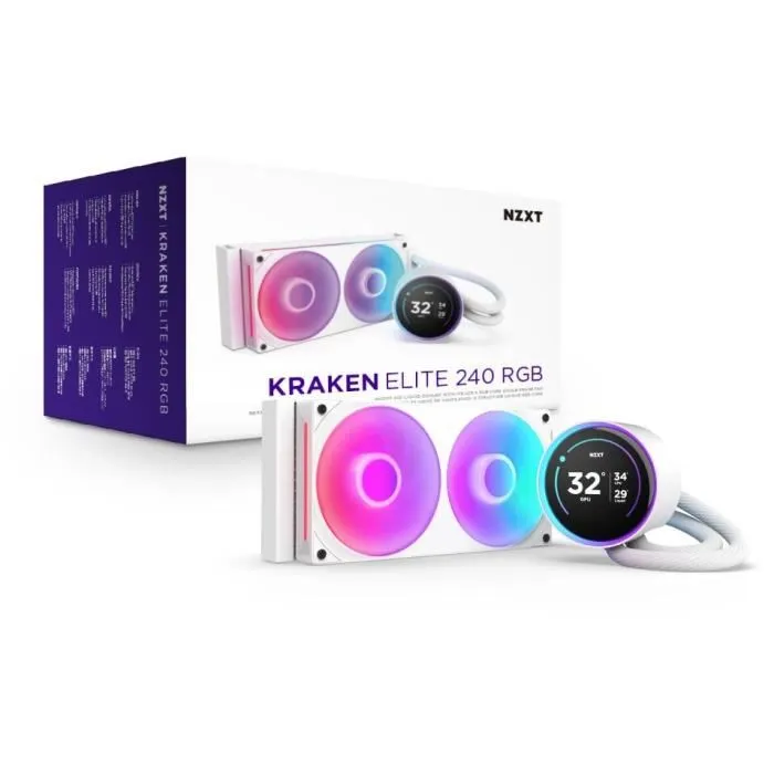 NZXT RL-KR24E-W2 Kraken Elite 240 RGB Watercooling CPU - Écran LCD IPS 2.72" personnalisable, ventilateurs RGB, support Intel et AMD - Blanc