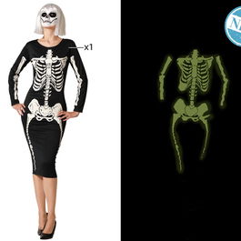 Costume, Robe Femme Ajustée Squelette Brillant Luminiscent Noir Polyester, Taille XS-S, Halloween