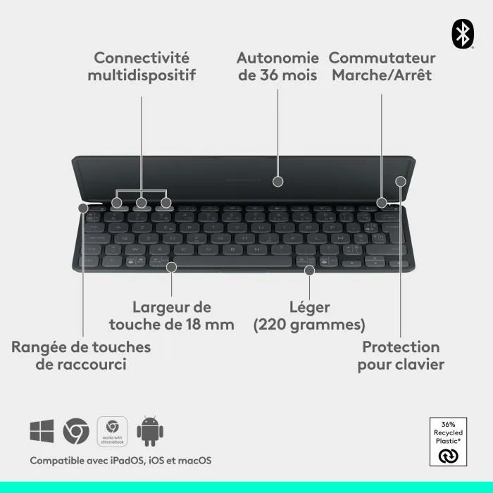 Logitech Keys-To-Go 2 AZERTY - Clavier portable Bluetooth ultra-fin pour iPad, iPhone, Mac - Disposition AZERTY - Autonomie 3 ans - Graphite