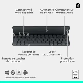 Logitech Keys-To-Go 2 AZERTY - Clavier portable Bluetooth ultra-fin pour iPad, iPhone, Mac - Disposition AZERTY - Autonomie 3 ans - Graphite