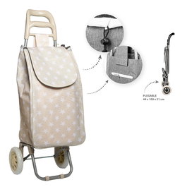 Caison Chariot de courses pliable beige avec motifs d'étoiles 2 roues 44x21x100 cm
