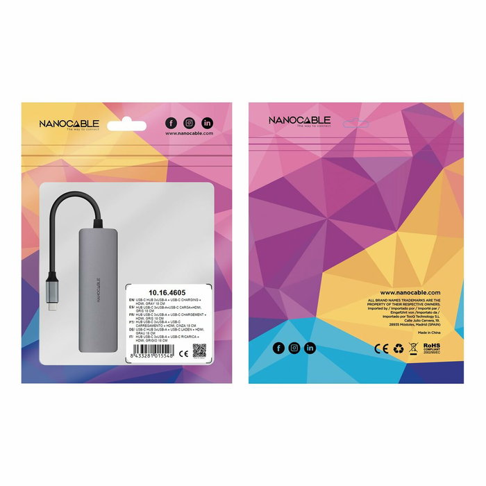 Hub USB NANOCABLE Nanocable Hub USB-C 3xUSB-A+HDMI+USB-C PD Gris 100 W 50 W Hub USB NANOCABLE Nanocable Hub USB-C 3xUSB-A+HDMI+USB-C PD Gris 100 W 50 W