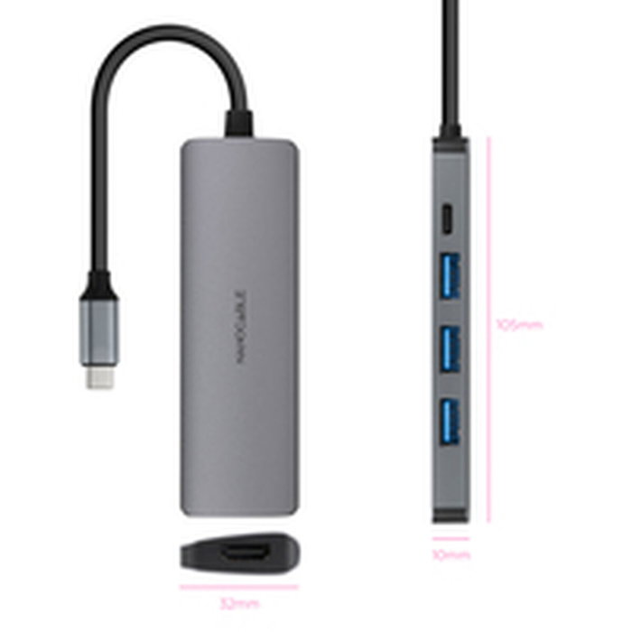 Hub USB NANOCABLE Nanocable Hub USB-C 3xUSB-A+HDMI+USB-C PD Gris 100 W 50 W Hub USB NANOCABLE Nanocable Hub USB-C 3xUSB-A+HDMI+USB-C PD Gris 100 W 50 W