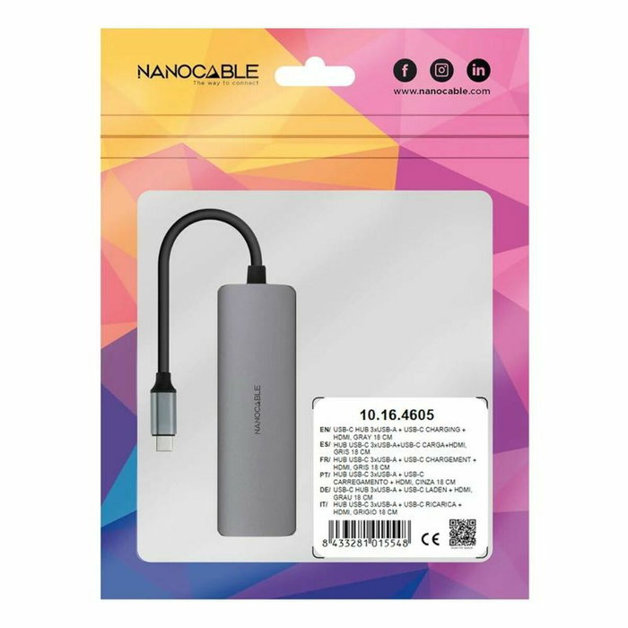 Hub USB NANOCABLE Nanocable Hub USB-C 3xUSB-A+HDMI+USB-C PD Gris 100 W 50 W Hub USB NANOCABLE Nanocable Hub USB-C 3xUSB-A+HDMI+USB-C PD Gris 100 W 50 W