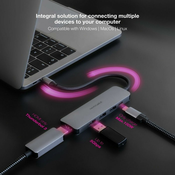 Hub USB NANOCABLE Nanocable Hub USB-C 3xUSB-A+HDMI+USB-C PD Gris 100 W 50 W Hub USB NANOCABLE Nanocable Hub USB-C 3xUSB-A+HDMI+USB-C PD Gris 100 W 50 W