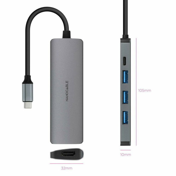 Hub USB NANOCABLE Nanocable Hub USB-C 3xUSB-A+HDMI+USB-C PD Gris 100 W 50 W Hub USB NANOCABLE Nanocable Hub USB-C 3xUSB-A+HDMI+USB-C PD Gris 100 W 50 W